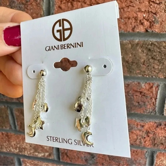 Giani Bernini 925 Sterling Silver Tassel Moon Star Drop Earrings MADE IN ITALY - Picture 2 of 3